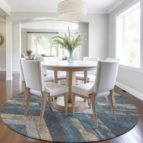 8' Navy Blue And Beige Round Geometric Washable Indoor Outdoor Area Rug Photo 6