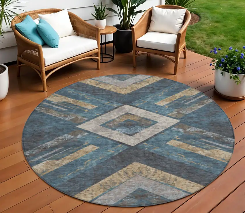 8' Navy Blue And Beige Round Geometric Washable Indoor Outdoor Area Rug Photo 2
