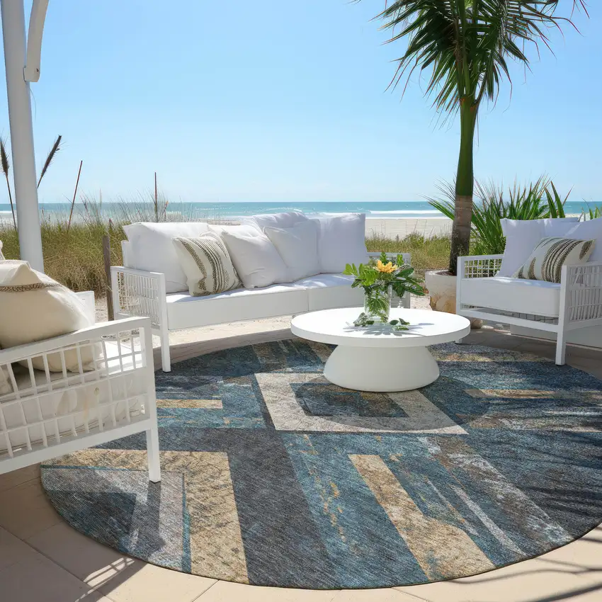 8' Navy Blue And Beige Round Geometric Washable Indoor Outdoor Area Rug Photo 5