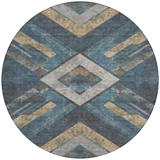 8' Navy Blue And Beige Round Geometric Washable Indoor Outdoor Area Rug Photo 3