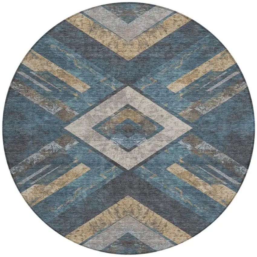 8' Navy Blue And Beige Round Geometric Washable Indoor Outdoor Area Rug Photo 3