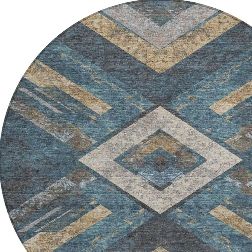 8' Navy Blue And Beige Round Geometric Washable Indoor Outdoor Area Rug Photo 4