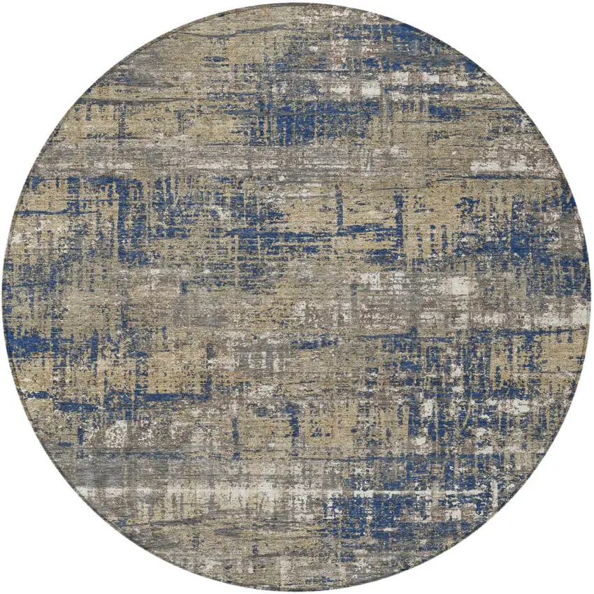 8' Navy Blue And Beige Round Geometric Washable Indoor Outdoor Area Rug Photo 3