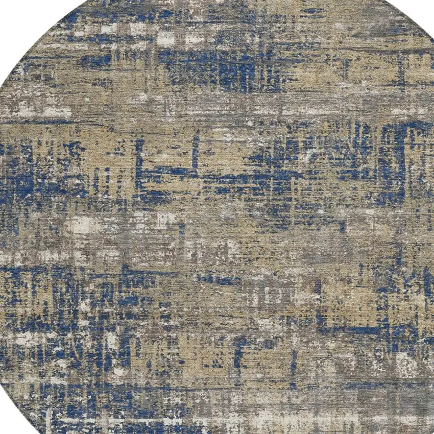 8' Navy Blue And Beige Round Geometric Washable Indoor Outdoor Area Rug Photo 8