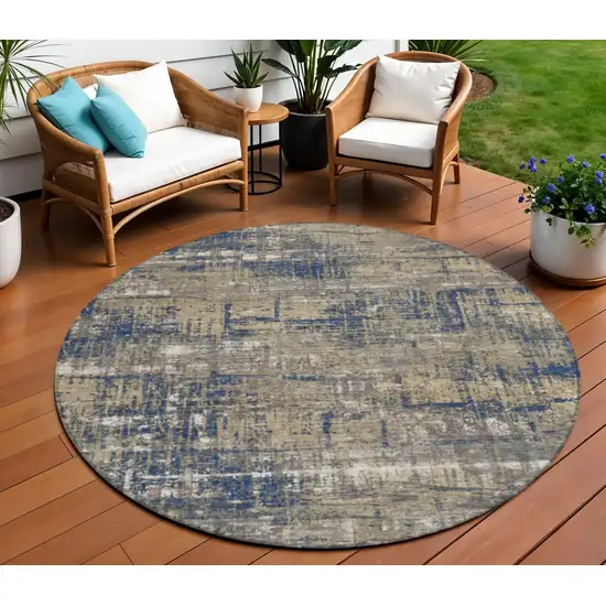 8' Navy Blue And Beige Round Geometric Washable Indoor Outdoor Area Rug Photo 2