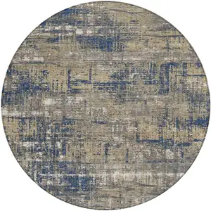 Photo of 8' Navy Blue And Beige Round Geometric Washable Indoor Outdoor Area Rug