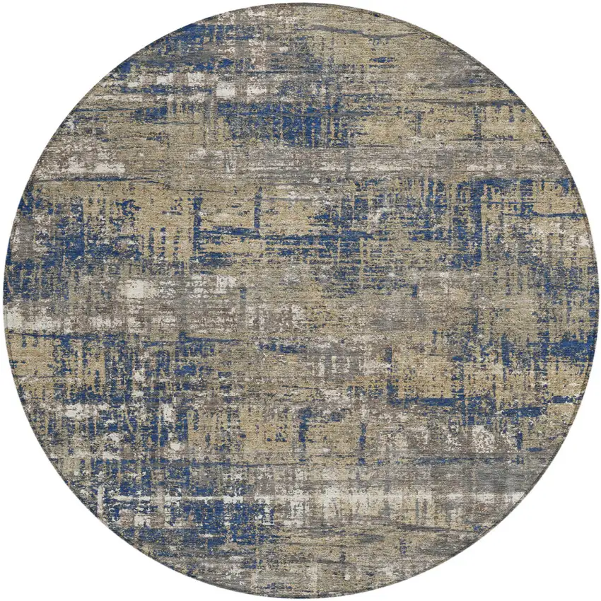 8' Navy Blue And Beige Round Geometric Washable Indoor Outdoor Area Rug Photo 1