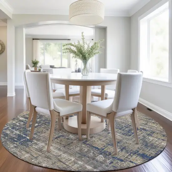 8' Navy Blue And Beige Round Geometric Washable Indoor Outdoor Area Rug Photo 6