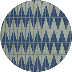 Photo of 8' Navy Blue And Beige Round Geometric Washable Indoor Outdoor Area Rug