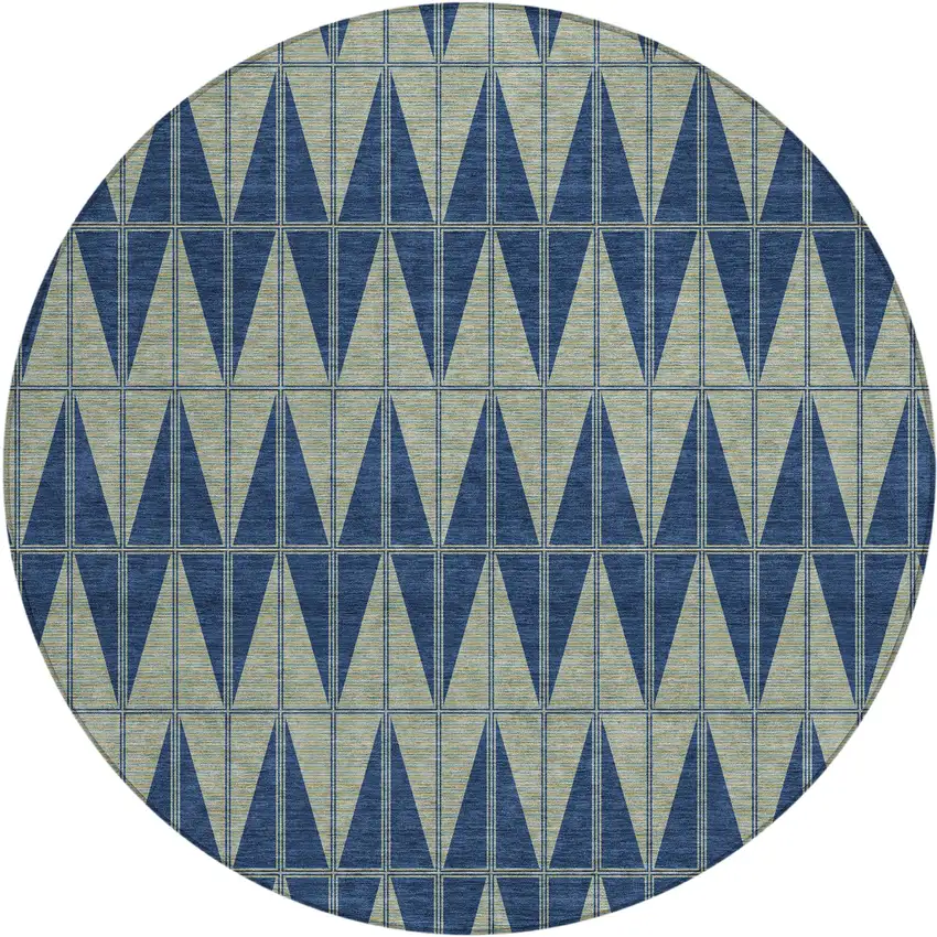 8' Navy Blue And Beige Round Geometric Washable Indoor Outdoor Area Rug Photo 1