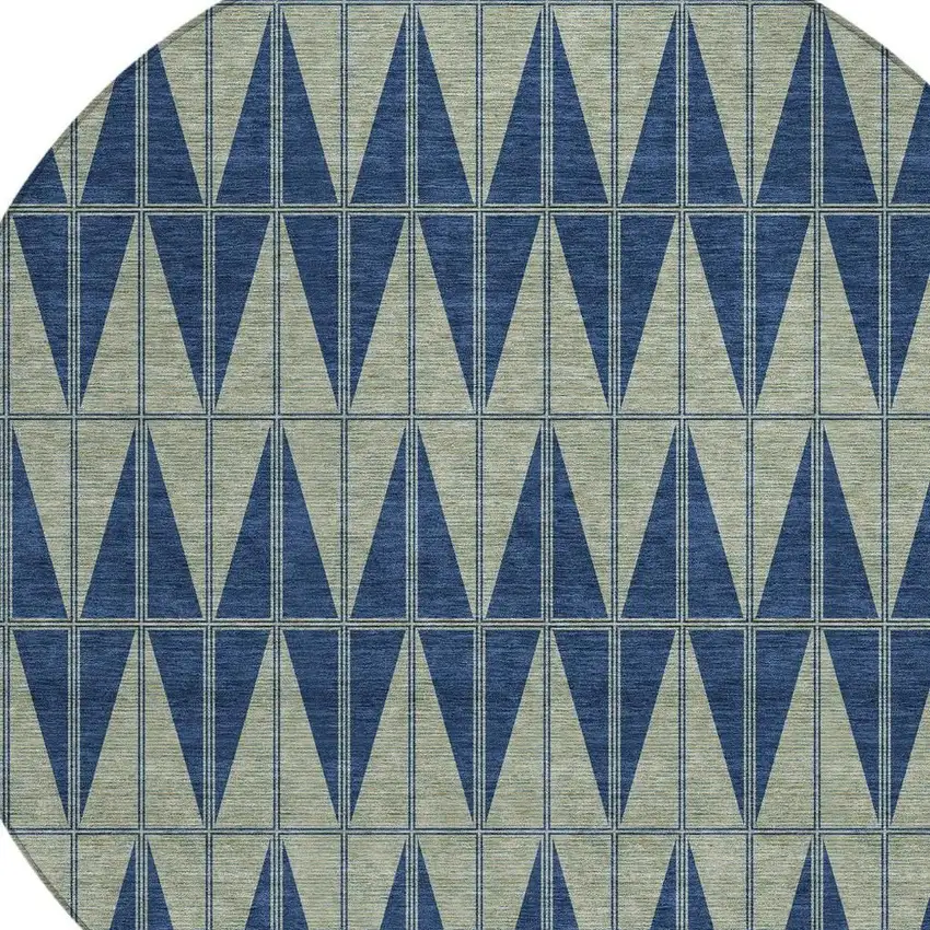 8' Navy Blue And Beige Round Geometric Washable Indoor Outdoor Area Rug Photo 2