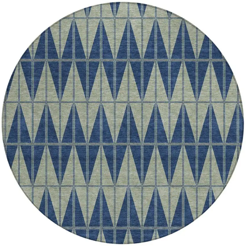 8' Navy Blue And Beige Round Geometric Washable Indoor Outdoor Area Rug Photo 3