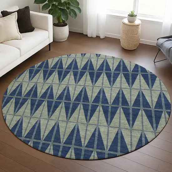 8' Navy Blue And Beige Round Geometric Washable Indoor Outdoor Area Rug Photo 5