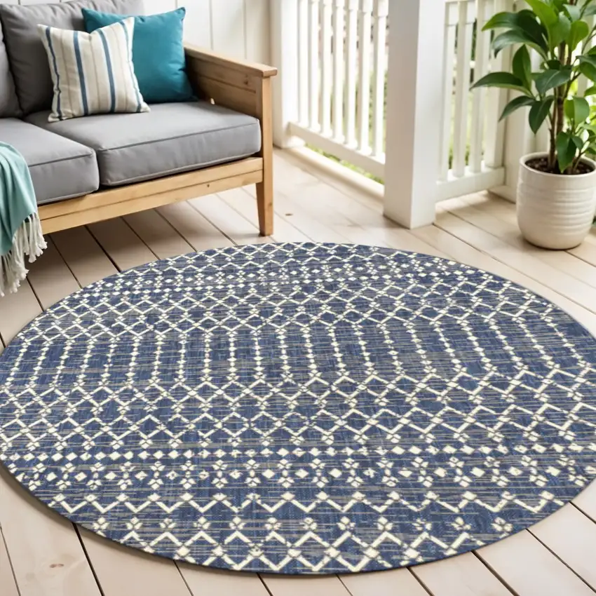 5' Navy Blue And Beige Round Trellis Indoor Outdoor Area Rug Photo 1
