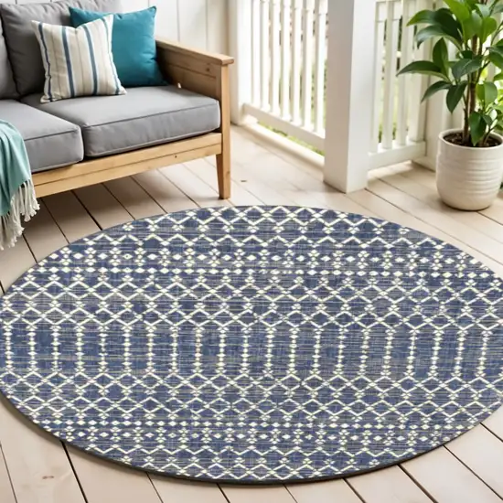 6' Navy Blue And Beige Round Trellis Indoor Outdoor Area Rug Photo 1