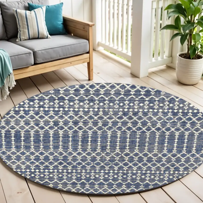 6' Navy Blue And Beige Round Trellis Indoor Outdoor Area Rug Photo 1
