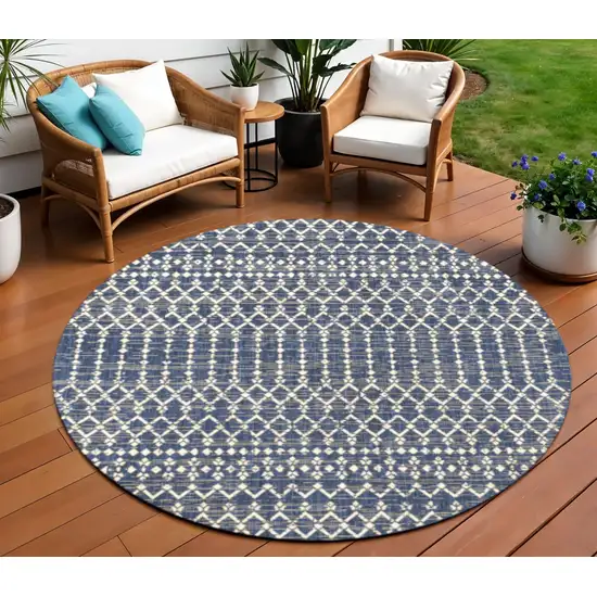 8' Navy Blue And Beige Round Trellis Indoor Outdoor Area Rug Photo 1