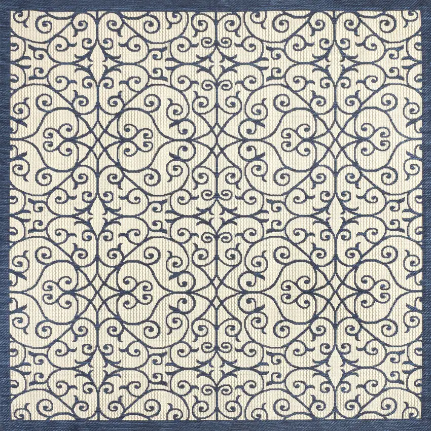 5' Navy Blue And Beige Square Geometric Indoor Outdoor Area Rug Photo 3