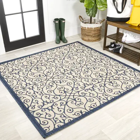 5' Navy Blue And Beige Square Geometric Indoor Outdoor Area Rug Photo 4