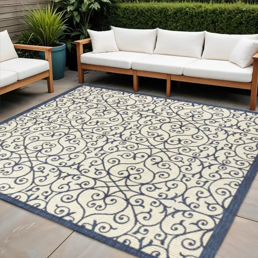 5' Navy Blue And Beige Square Geometric Indoor Outdoor Area Rug Photo 1