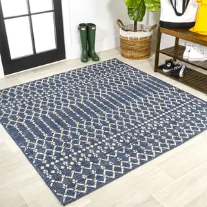 Photo of 8' Navy Blue And Beige Square Trellis Indoor Outdoor Area Rug