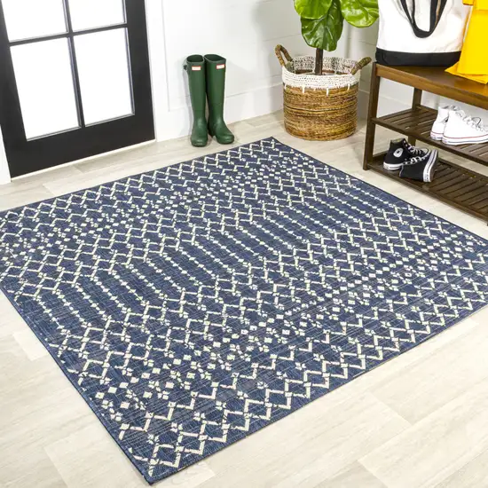 8' Navy Blue And Beige Square Trellis Indoor Outdoor Area Rug Photo 3