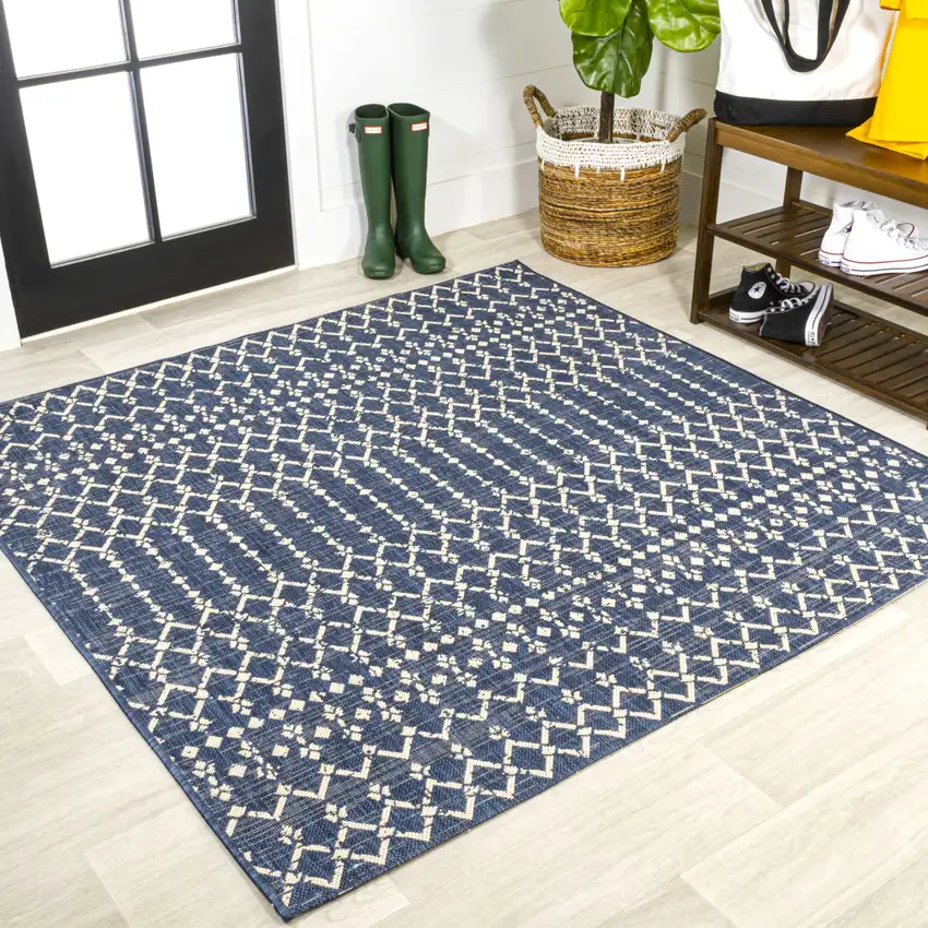 8' Navy Blue And Beige Square Trellis Indoor Outdoor Area Rug Photo 3