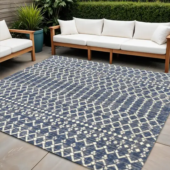 9' Navy Blue And Beige Square Trellis Indoor Outdoor Area Rug Photo 1