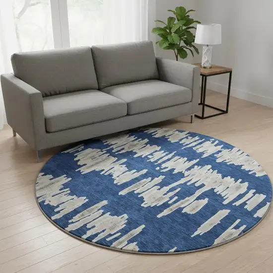 8' Navy Blue And Beige Striped Washable Round Rug With UV Protection Photo 2