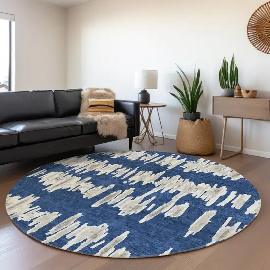 8' Navy Blue And Beige Striped Washable Round Rug With UV Protection Photo 5