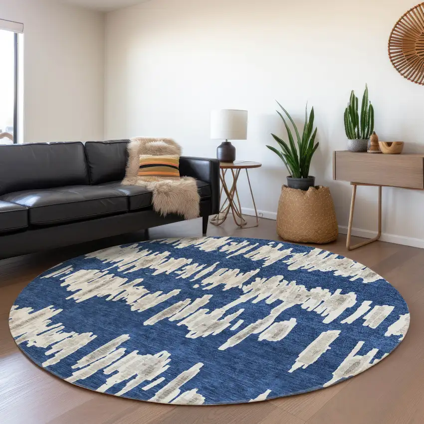 8' Navy Blue And Beige Striped Washable Round Rug With UV Protection Photo 5