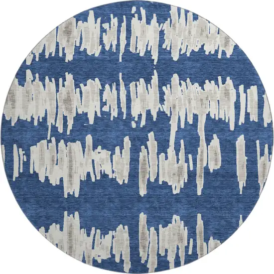 8' Navy Blue And Beige Striped Washable Round Rug With UV Protection Photo 1