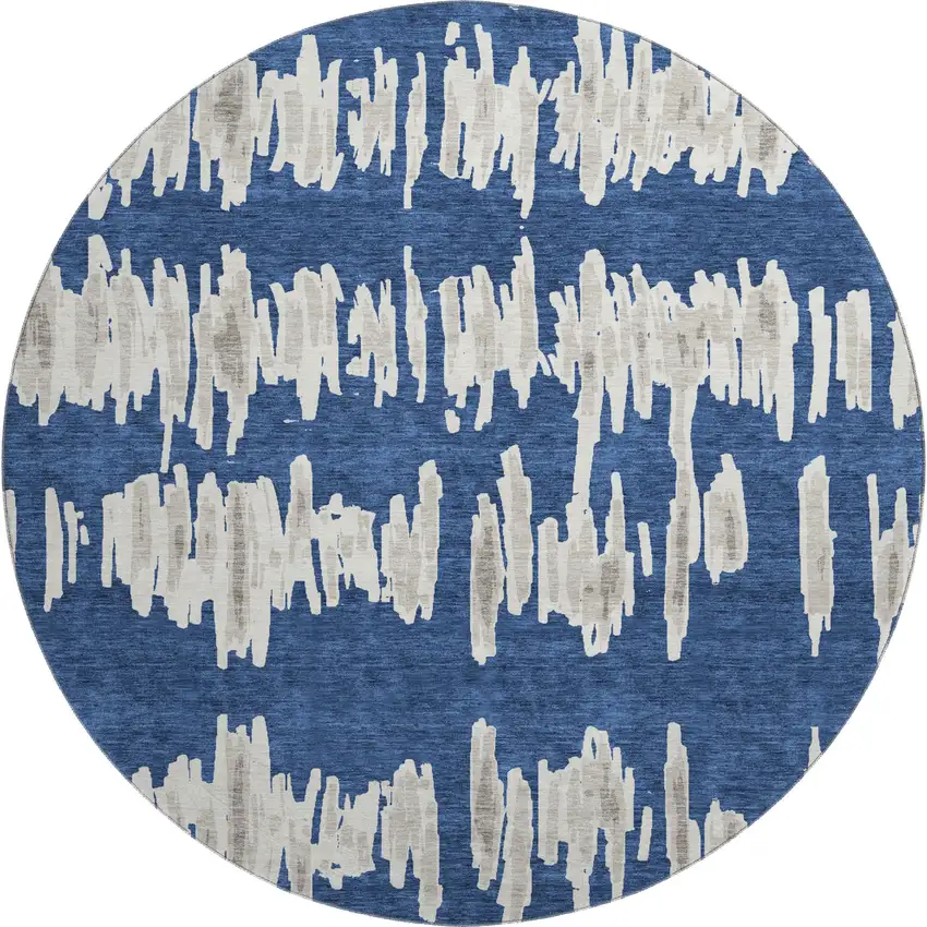 8' Navy Blue And Beige Striped Washable Round Rug With UV Protection Photo 1