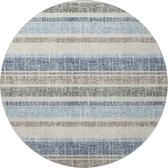 8' Navy Blue And Beige Striped Washable Round Rug With UV Protection Photo 4
