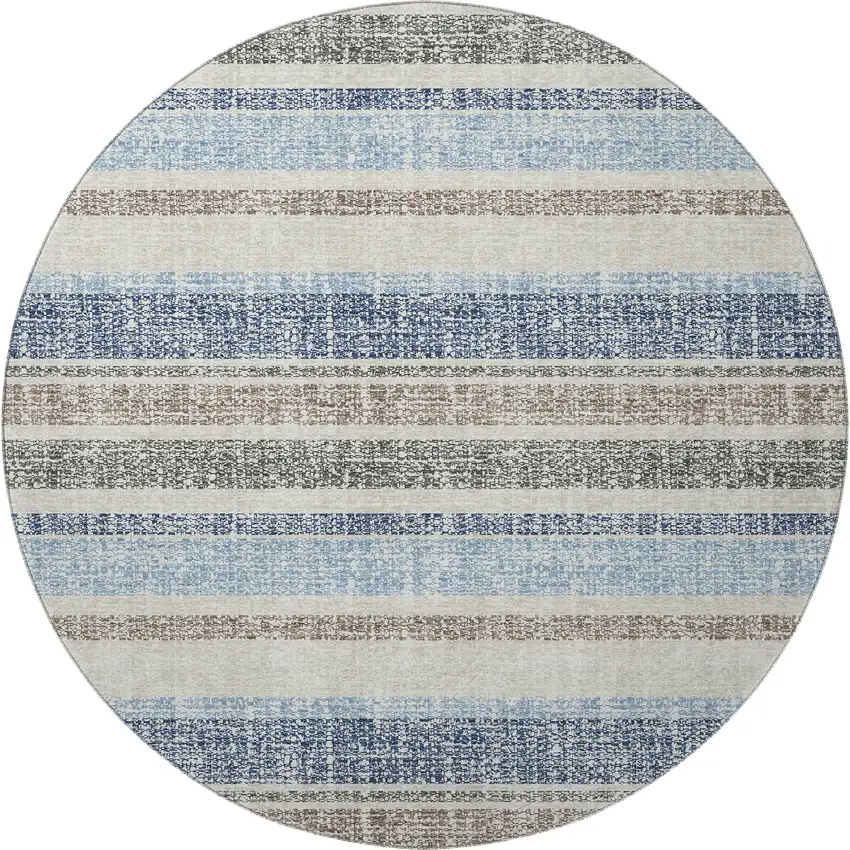 8' Navy Blue And Beige Striped Washable Round Rug With UV Protection Photo 4