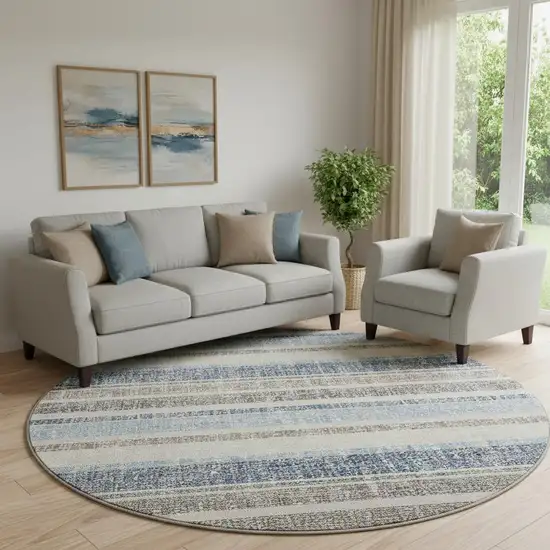 8' Navy Blue And Beige Striped Washable Round Rug With UV Protection Photo 2