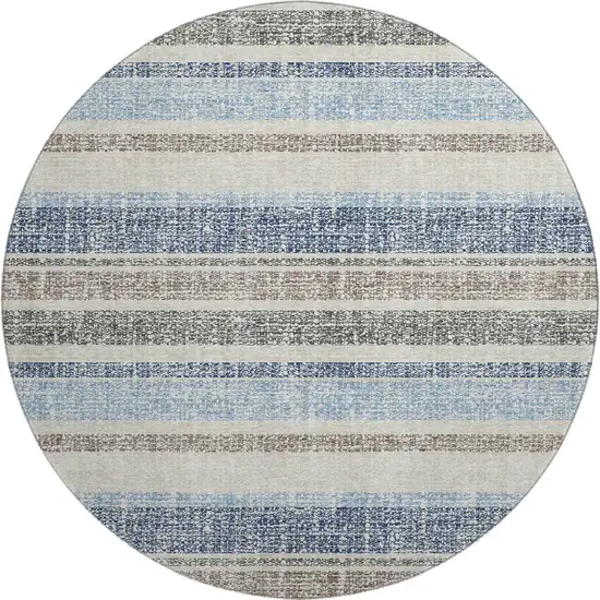 8' Navy Blue And Beige Striped Washable Round Rug With UV Protection Photo 1