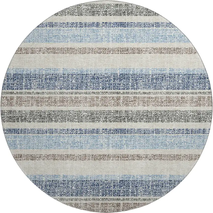 8' Navy Blue And Beige Striped Washable Round Rug With UV Protection Photo 1