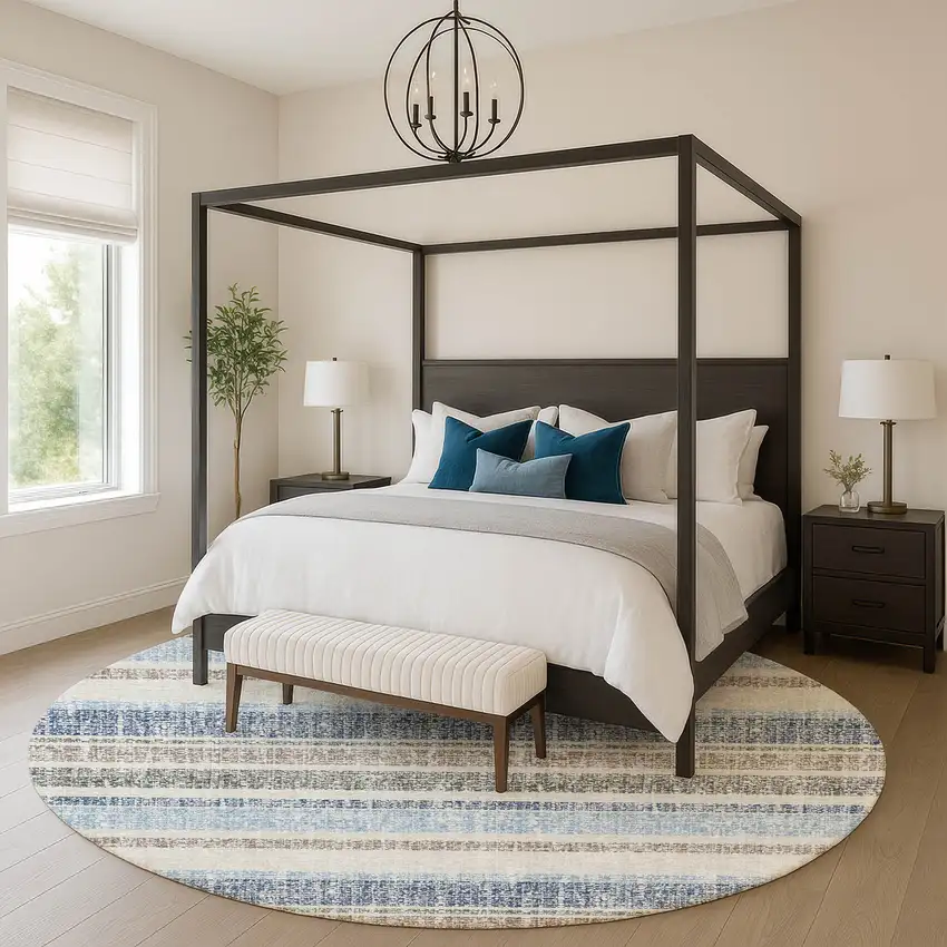 8' Navy Blue And Beige Striped Washable Round Rug With UV Protection Photo 5