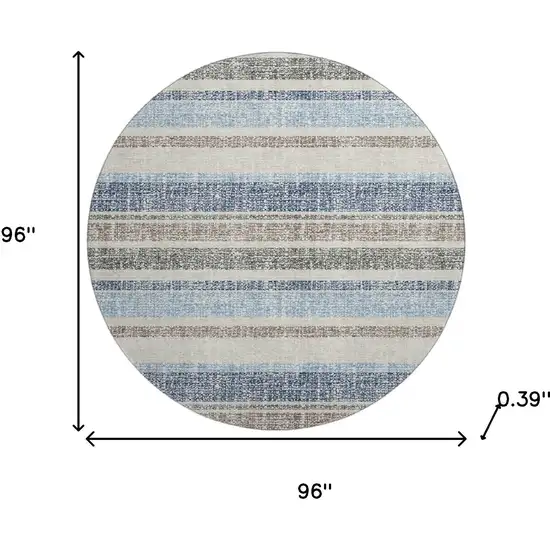 8' Navy Blue And Beige Striped Washable Round Rug With UV Protection Photo 8