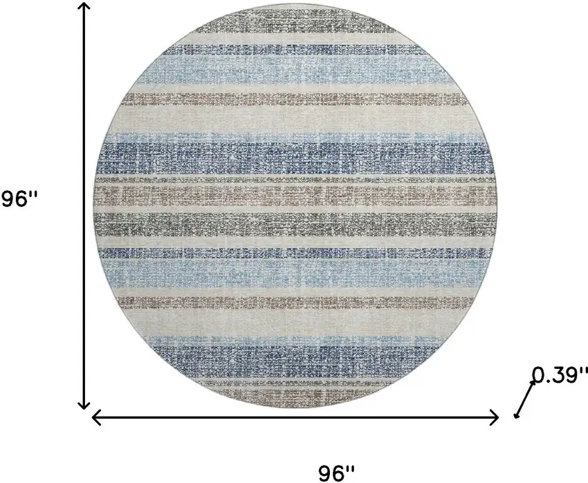 8' Navy Blue And Beige Striped Washable Round Rug With UV Protection Photo 8