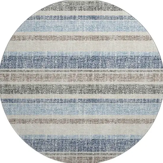 8' Navy Blue And Beige Striped Washable Round Rug With UV Protection Photo 3