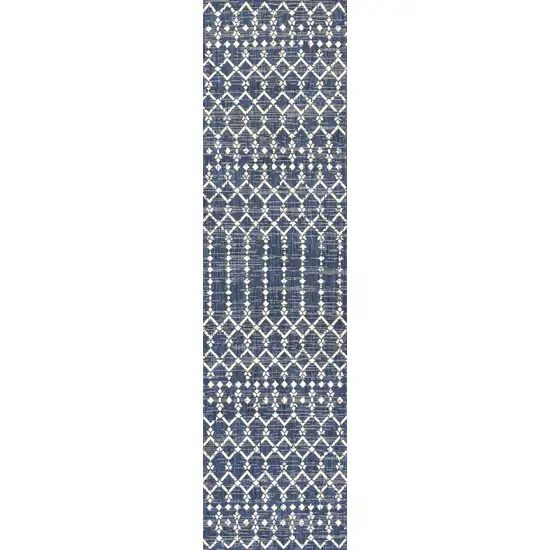 10' Navy Blue And Beige Trellis Indoor Outdoor Runner Rug Photo 1