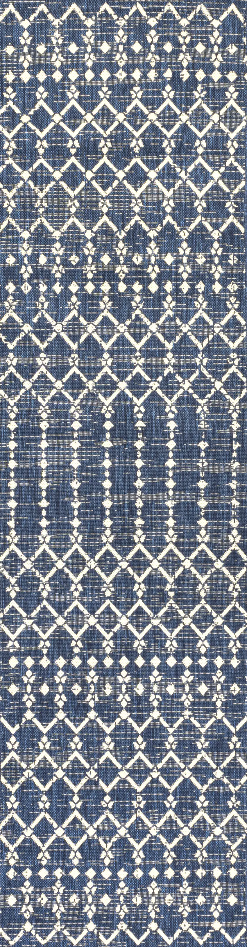 10' Navy Blue And Beige Trellis Indoor Outdoor Runner Rug Photo 1