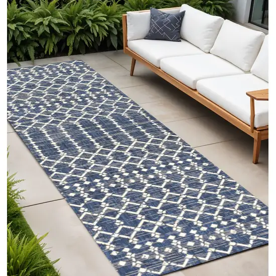 10' Navy Blue And Beige Trellis Indoor Outdoor Runner Rug Photo 1