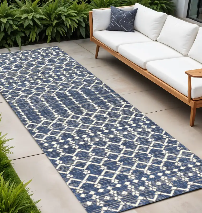 10' Navy Blue And Beige Trellis Indoor Outdoor Runner Rug Photo 1