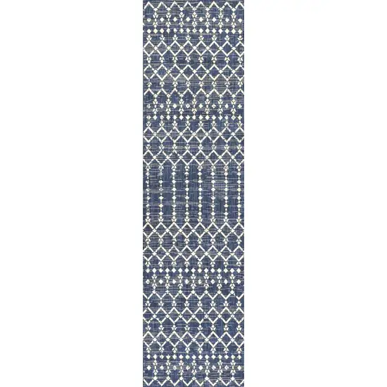 10' Navy Blue And Beige Trellis Indoor Outdoor Runner Rug Photo 3