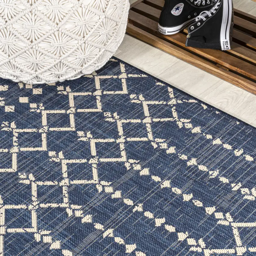 8' Navy Blue And Beige Trellis Indoor Outdoor Runner Rug Photo 7