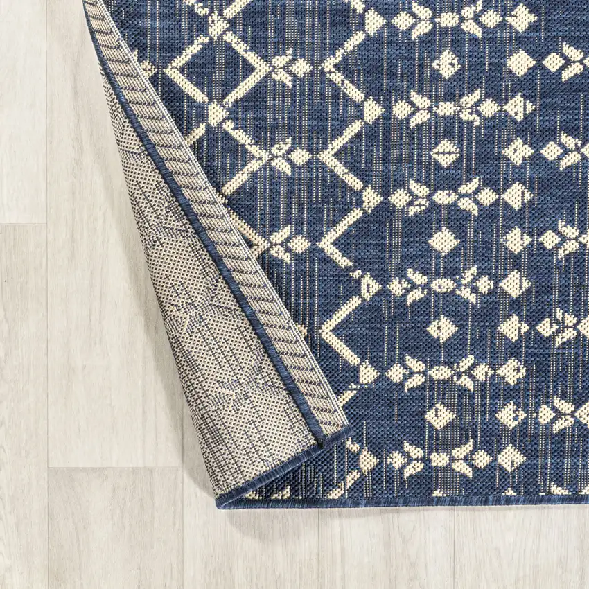 8' Navy Blue And Beige Trellis Indoor Outdoor Runner Rug Photo 5