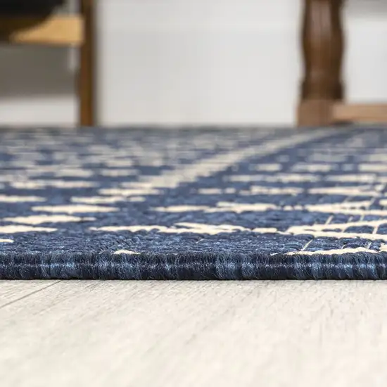 8' Navy Blue And Beige Trellis Indoor Outdoor Runner Rug Photo 6